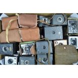 A Tray of Box Cameras, including Kodak and Ensign examples together with a MayFair and a Coronet