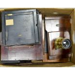 Brass Lens, a Houghton front standard together with various mahogany and brass camera parts