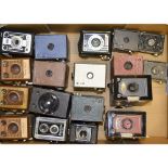 A Tray of Box Cameras, models include Duo-Ensign, Kodak Brownie, Lumier, Bobox and other examples.