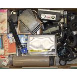 A Tray of Camera Accessories, including hoods, filters, tripod heads, film backs and more