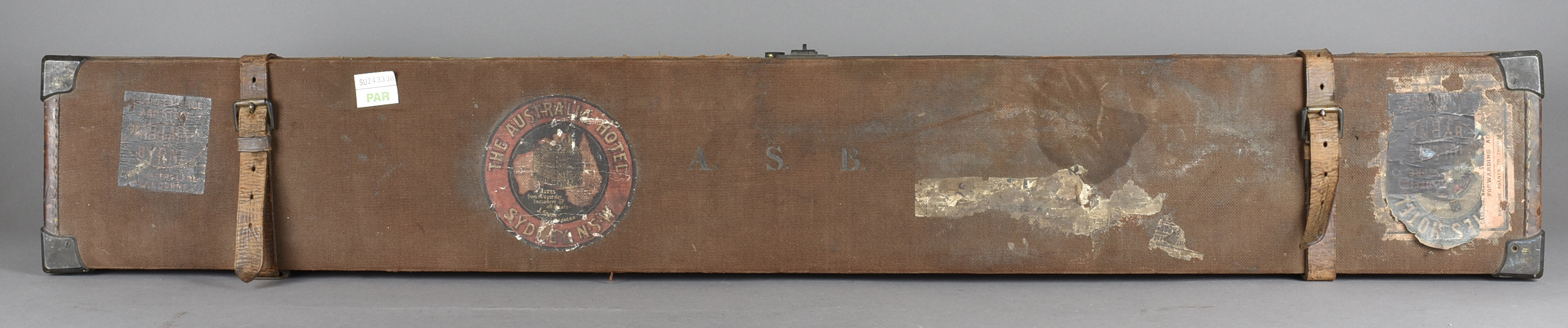 Shooting, a vintage rifle case, by George Gibbs Bristol, canvas covered wood case with fitted