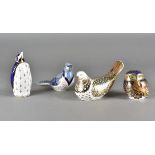 Royal Crown Derby, four paperweights including owl, penguin, wagtail and dove all with gold stoppers