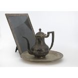 Three early 20th Century Chinese white metal items, including a coffee pot and circular tray with