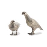 A nice pair of 1950s silver grouse, naturalistically modelled with a male and female, bearing import