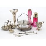 A collection of Victorian and later silver and silver plate, including a silver filled trumpet vase,