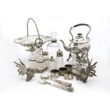 A collection of Victorian and later silver plated items, including a kettle on stand, a tea and