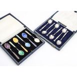 Two sets of pretty 1960s silver and enamelled coffee spoons in cases