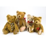 Four modern Hermann teddy bears: one with yes/no tail operated head mechanism, three with red