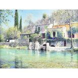 20th Century, continental school, oil on board, water mill south of France, signed indistinctly