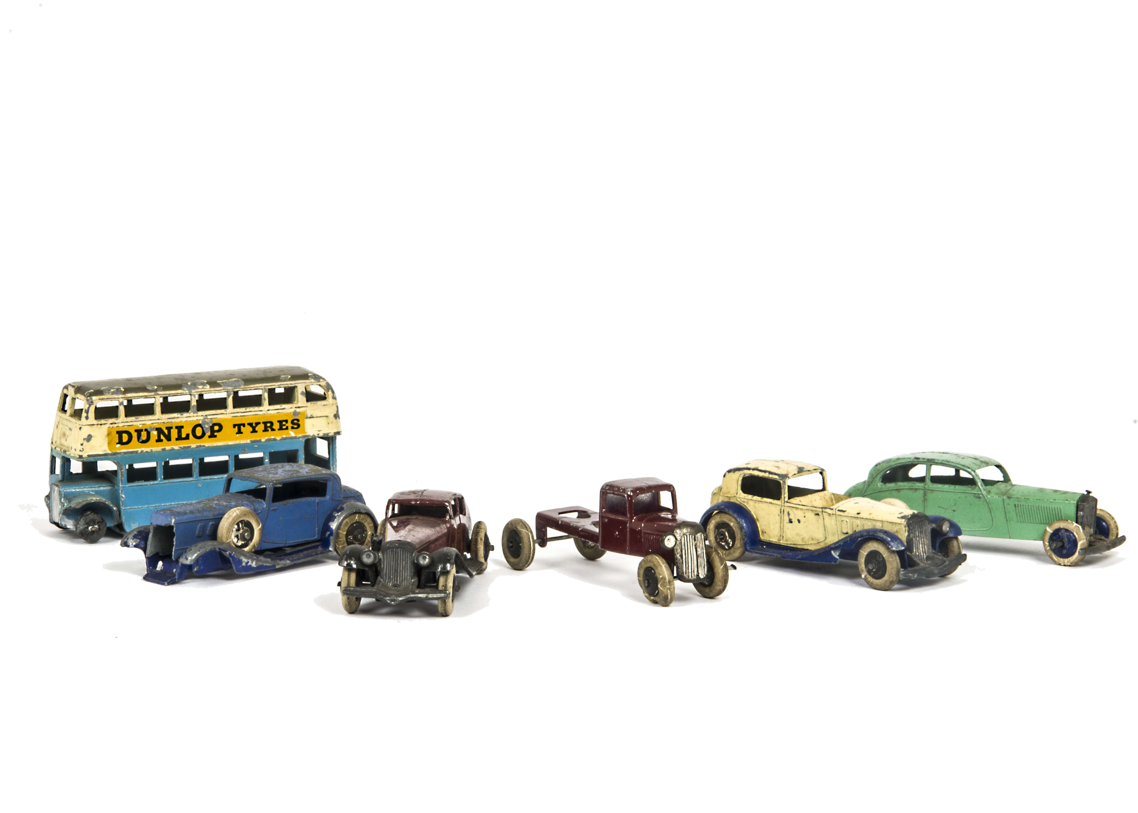 Pre-War Dinky Toys, including 29c Double Deck Bus, light blue lower deck, cream upper, grey roof,