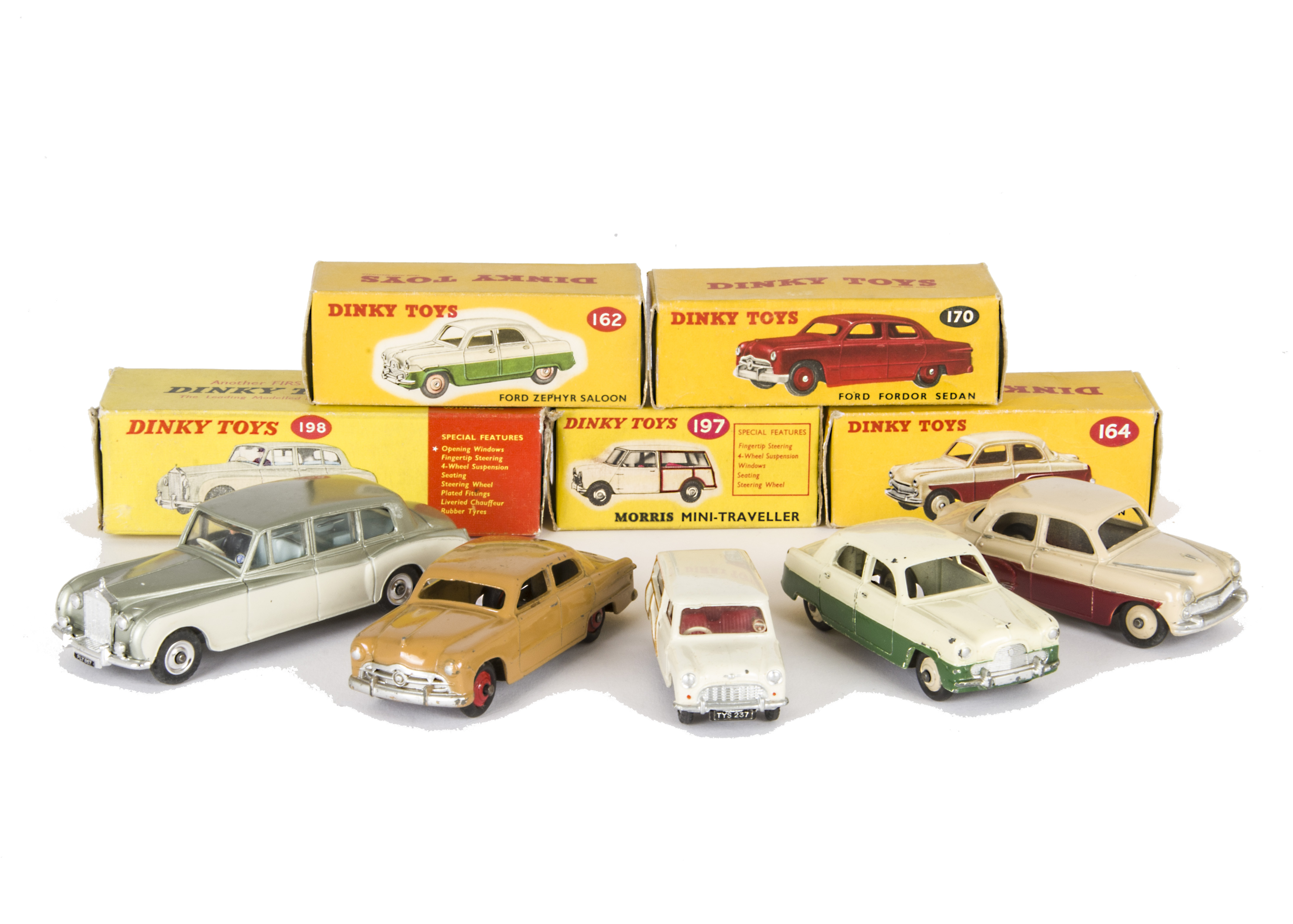 Boxed Dinky Toy Cars, 162 Ford Zephyr Saloon, 170 Ford Fordor Sedan, brown body, red hubs, 164