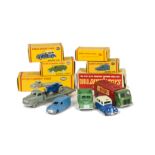 Dublo Dinky Toys, 067 Austin Taxi, black plastic wheels, 063 Commer Van, 066 Bedford Flat Truck, 069