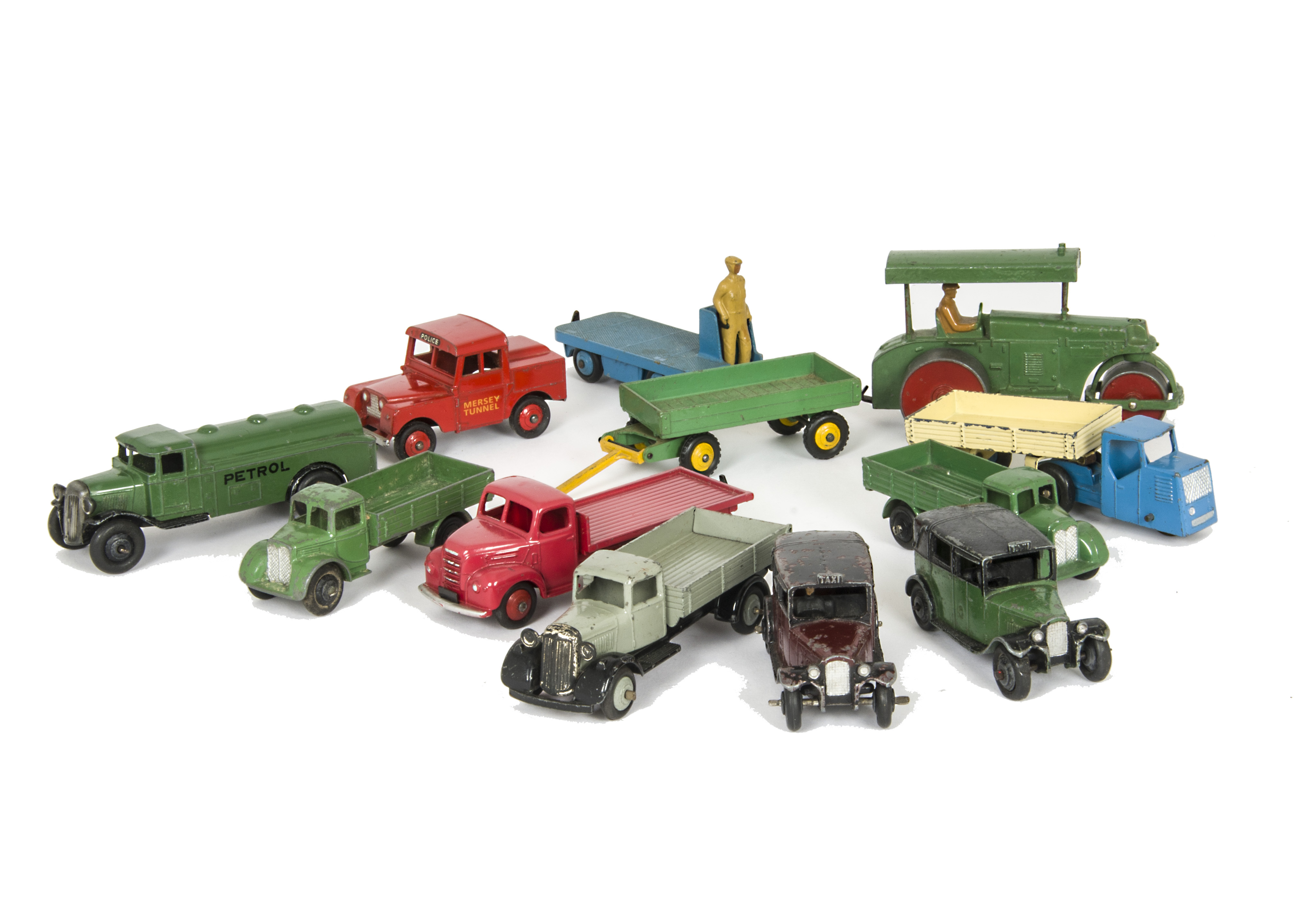 Loose Dinky Toy Small Commercials, including 422 Fordson Flat Truck, 14a B.E.V Truck, 255 Mersey