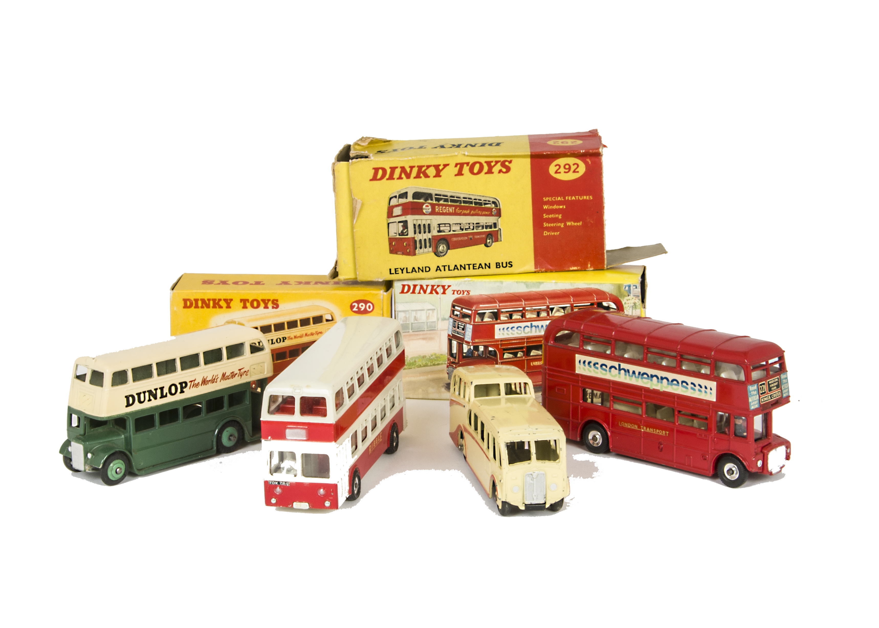 Dinky Toy Buses & Coaches, 289 Routemaster Bus, 'Schweppes', 290 Double Deck Bus, third type, dark