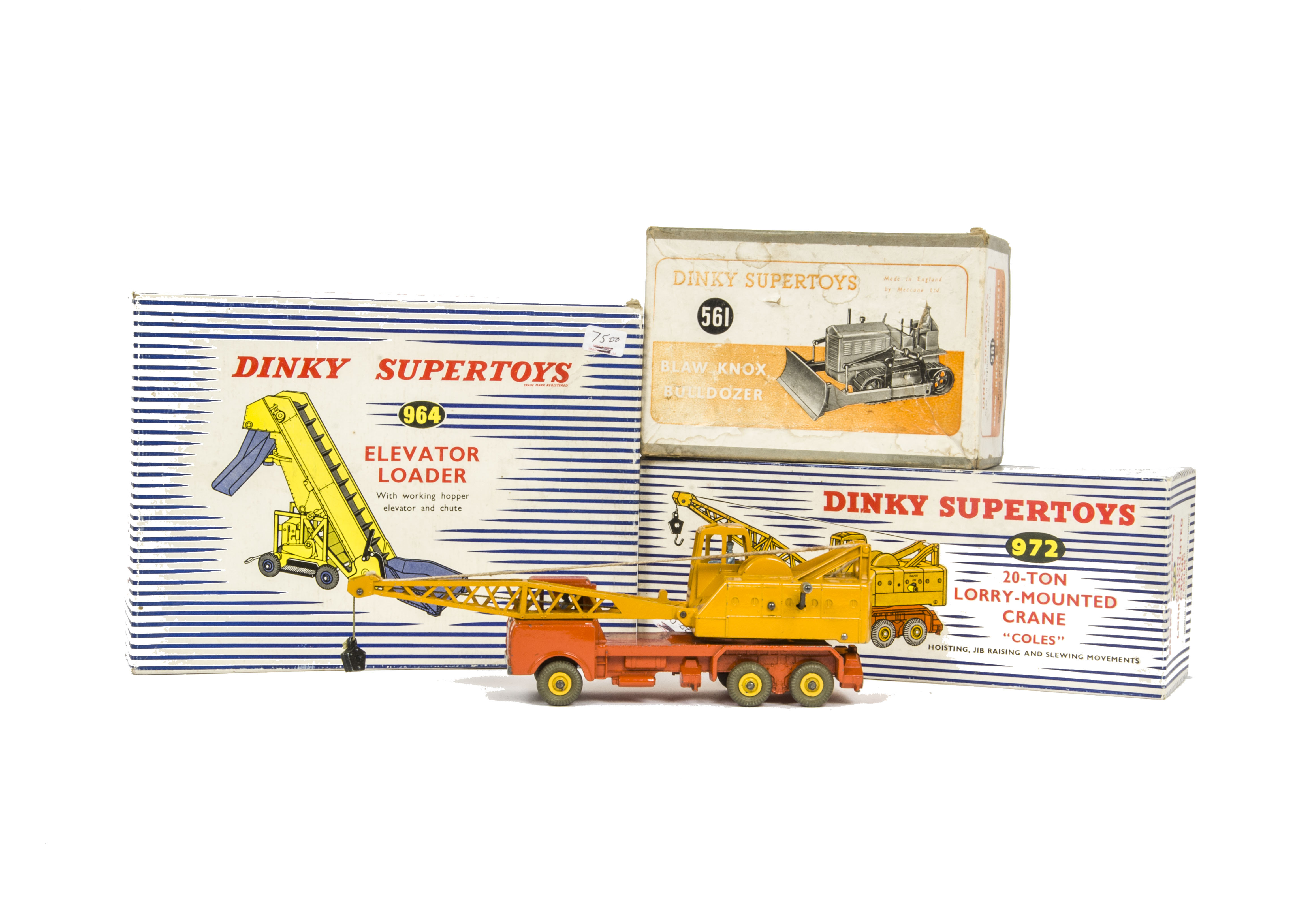 Dinky Supertoys Construction Vehicles, 561 Blaw Knox Bulldozer, 972 Coles Mobile Crane, 964 Elevator