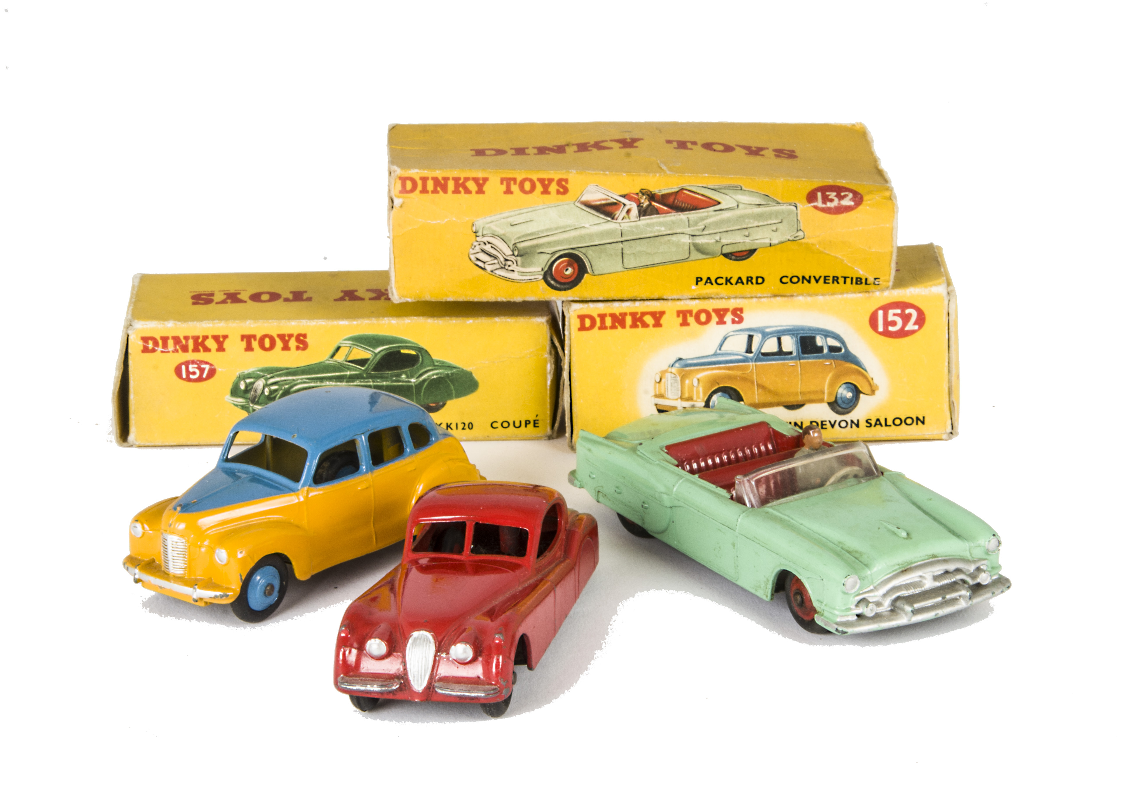 Dinky Toys 152 Austin Devon Saloon, two-tone yellow/mid-blue body, mid-blue hubs, 157 Jaguar XK120