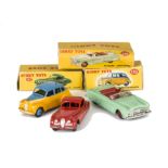 Dinky Toys 152 Austin Devon Saloon, two-tone yellow/mid-blue body, mid-blue hubs, 157 Jaguar XK120