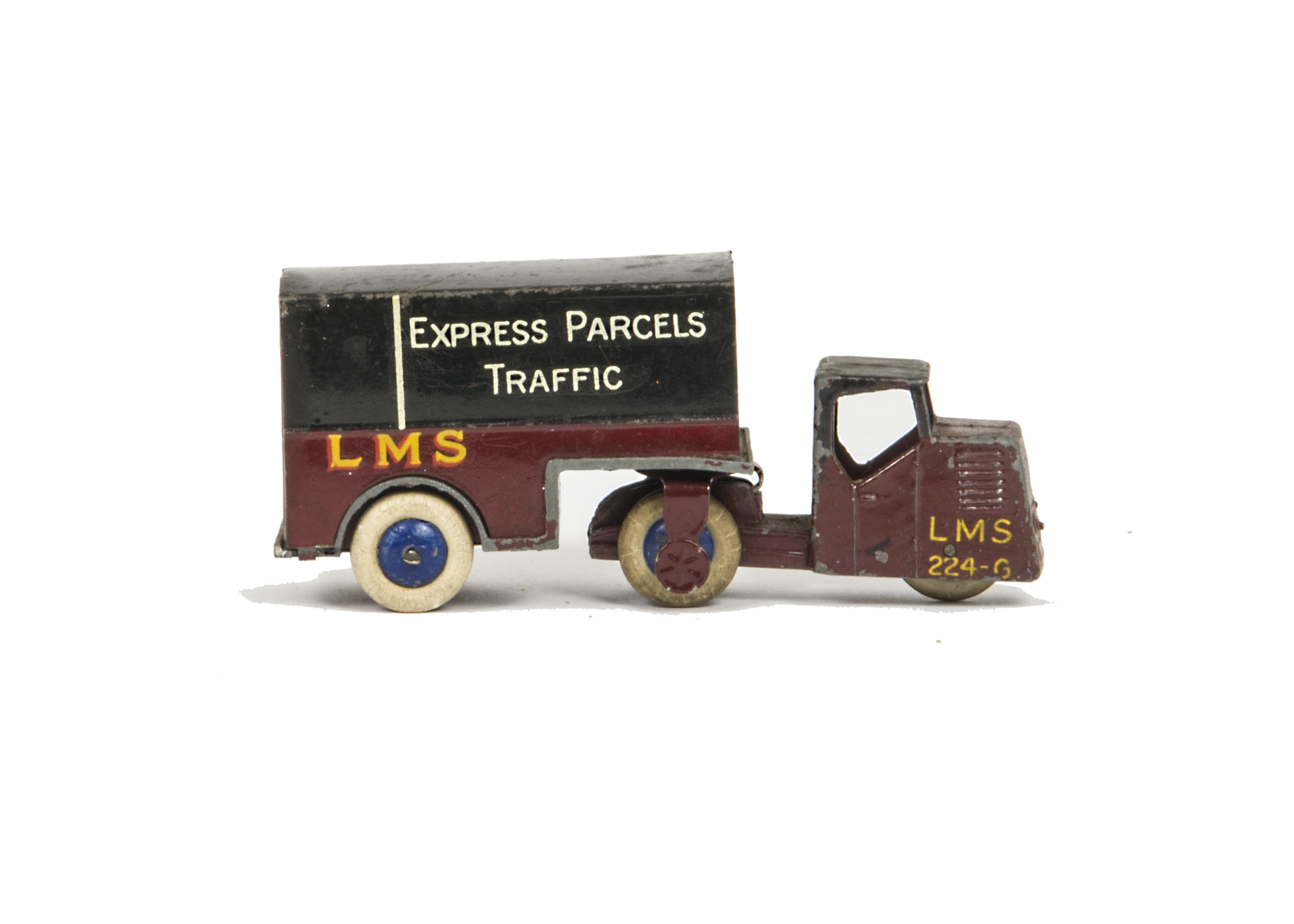 A Pre-War Dinky Toys 33r Railway Mechanical Horse & Trailer Van, LMS livery, maroon and black,