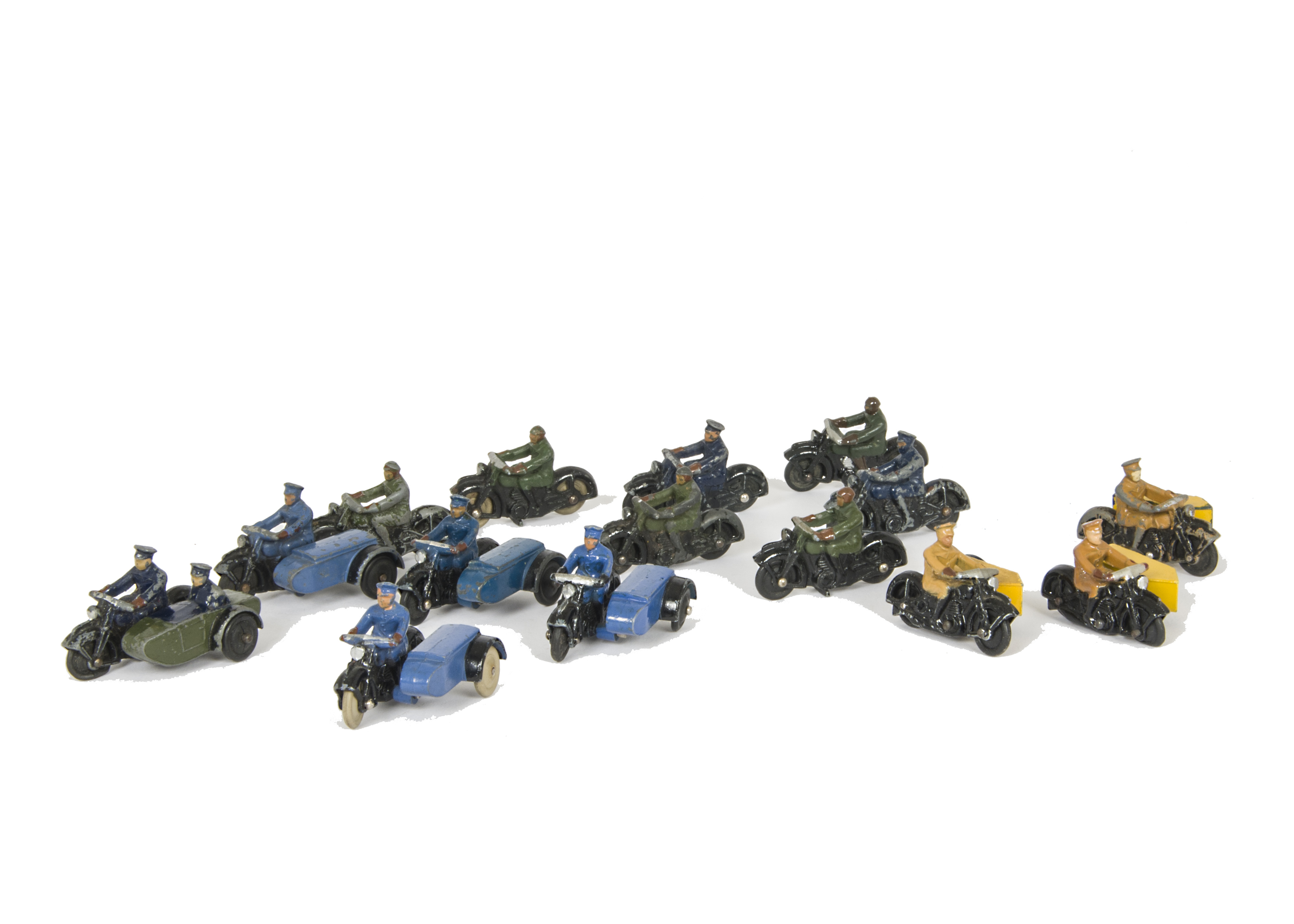 Dinky Toy Motorcycles, 37a Civilian Motor Cyclist (5), one with SWRW, 43b RAC Motorcycle Patrol (4),