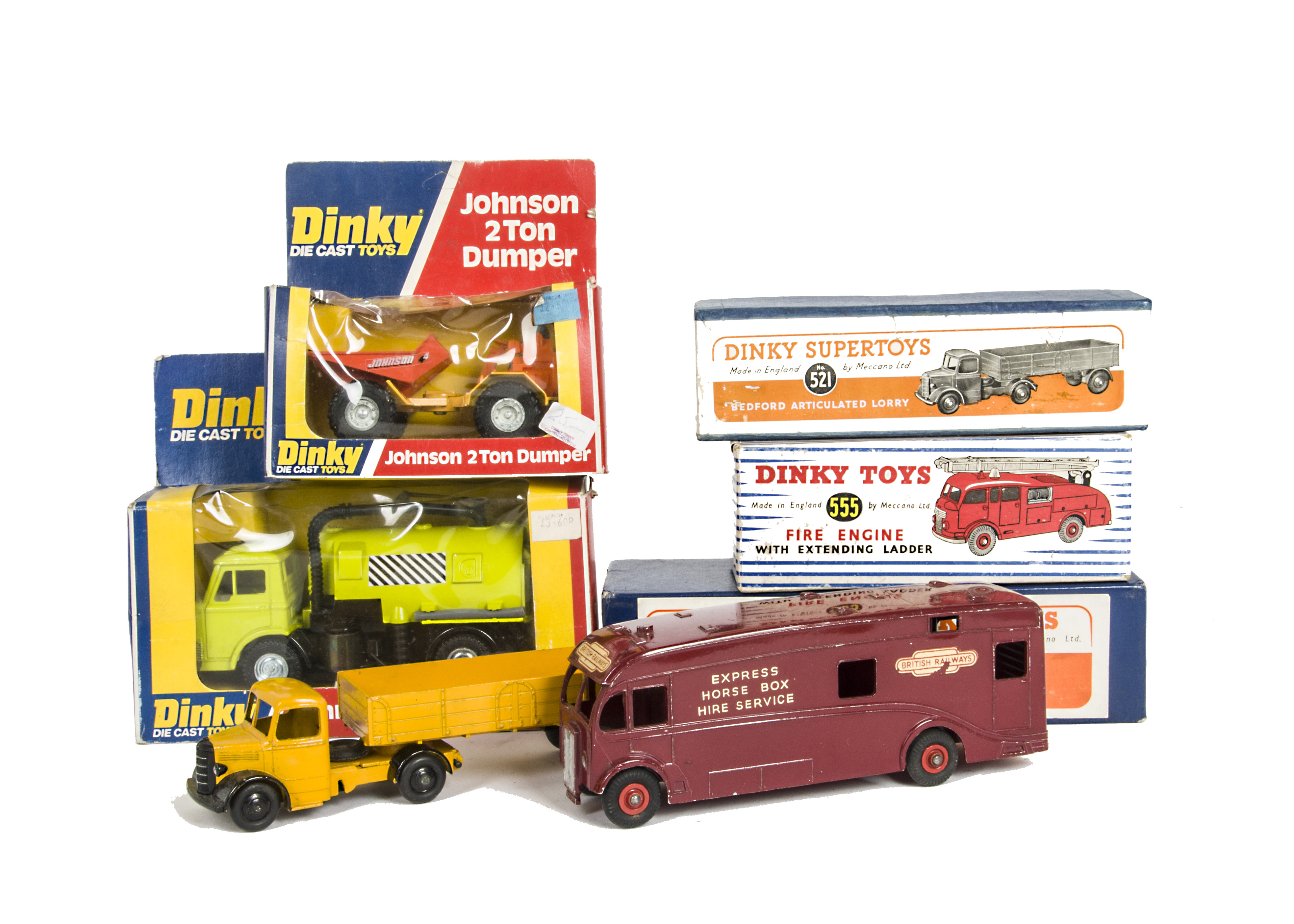 Boxed Dinky Toy Commercials, 581 Horse Box, 555 Fire Engine, 521 Bedford Articulated Lorry, 430