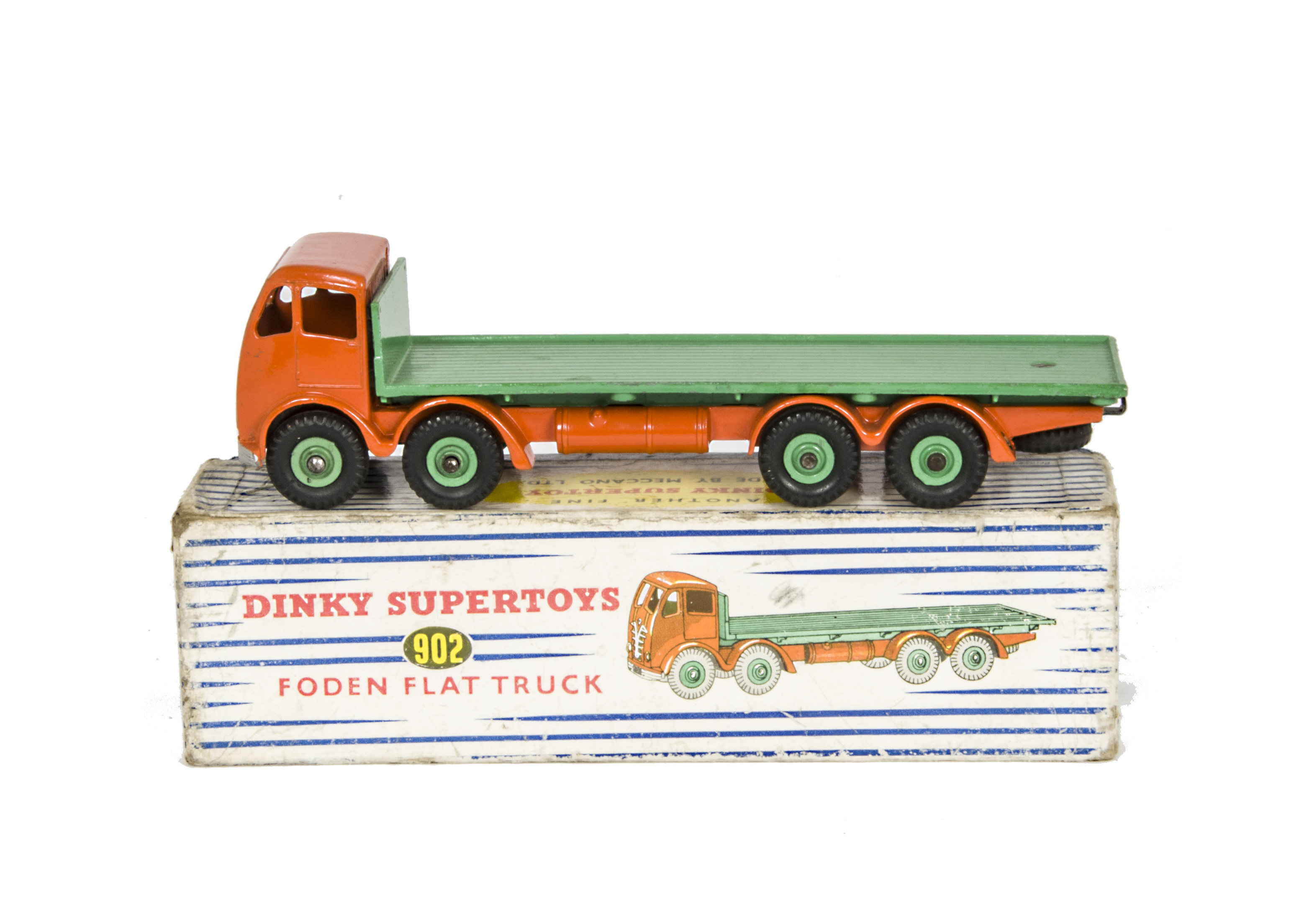A Dinky Supertoys 902 Foden Flat Truck, 2nd type orange cab and chassis, mid-green flatbed and