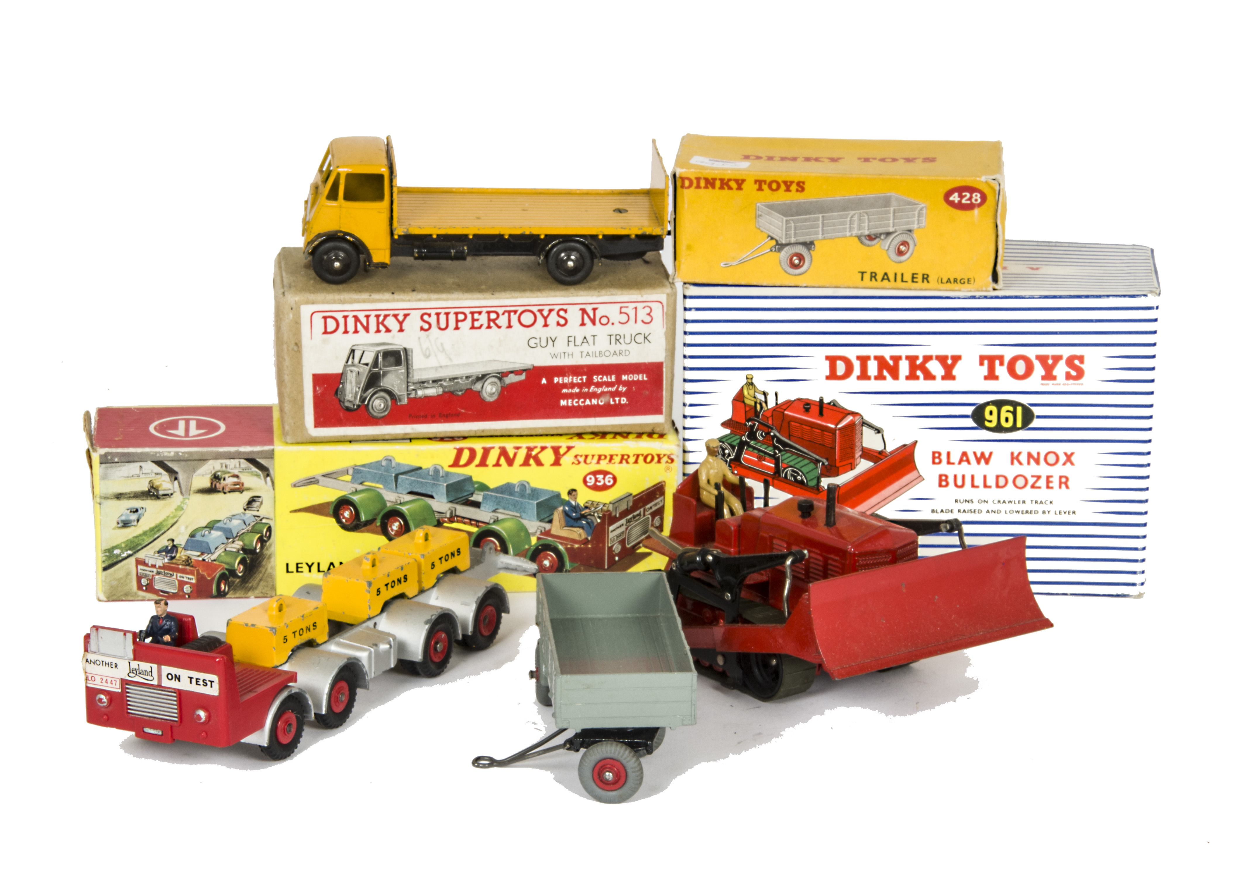 Dinky Toy Commercial Vehicles, 936 Leyland 8-Wheeled Chassis, 961 Blaw-Knox Bulldozer, red, 428