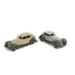 Dinky Toys 30c Daimler, fawn body, black ridged hubs, plain chassis, 36c Humber, grey body, black