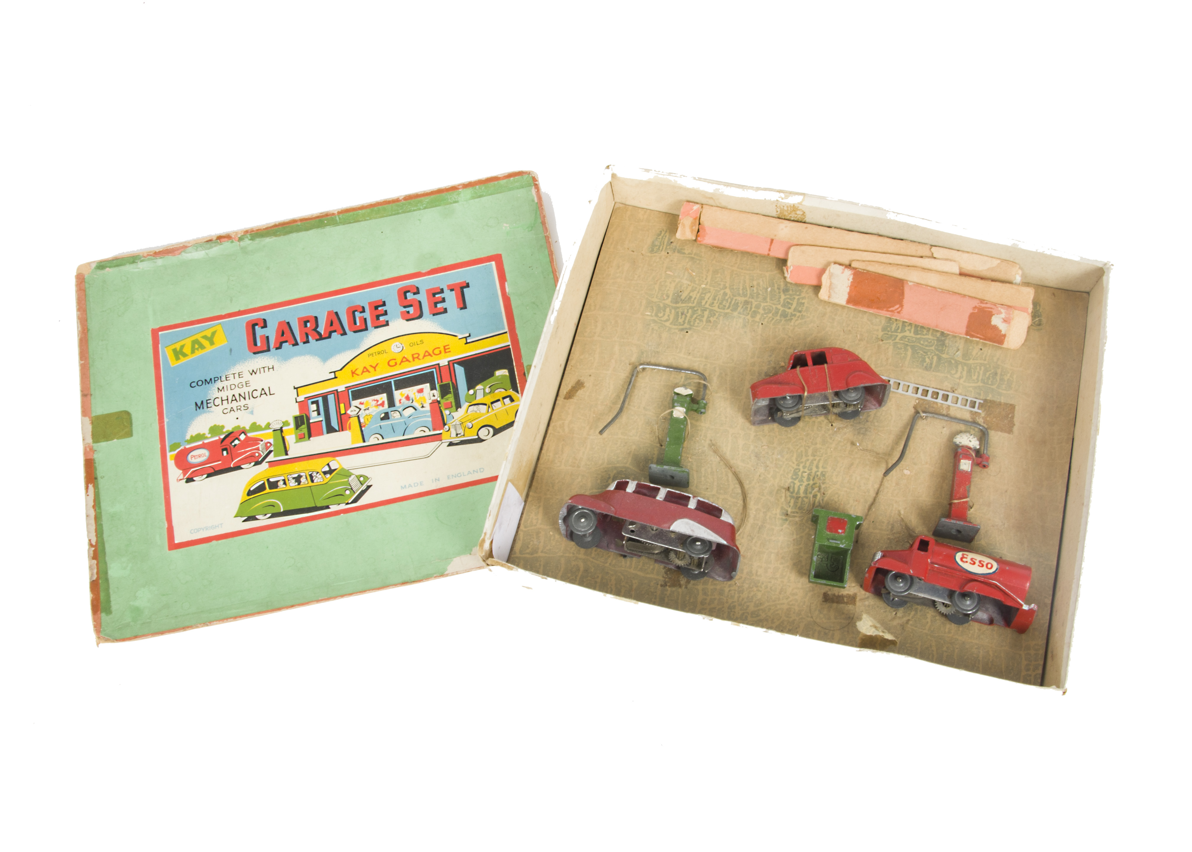 A Kay Garage Set, comprising Midge Esso Tanker, Single deck coach and Fire Engine with ladder, two