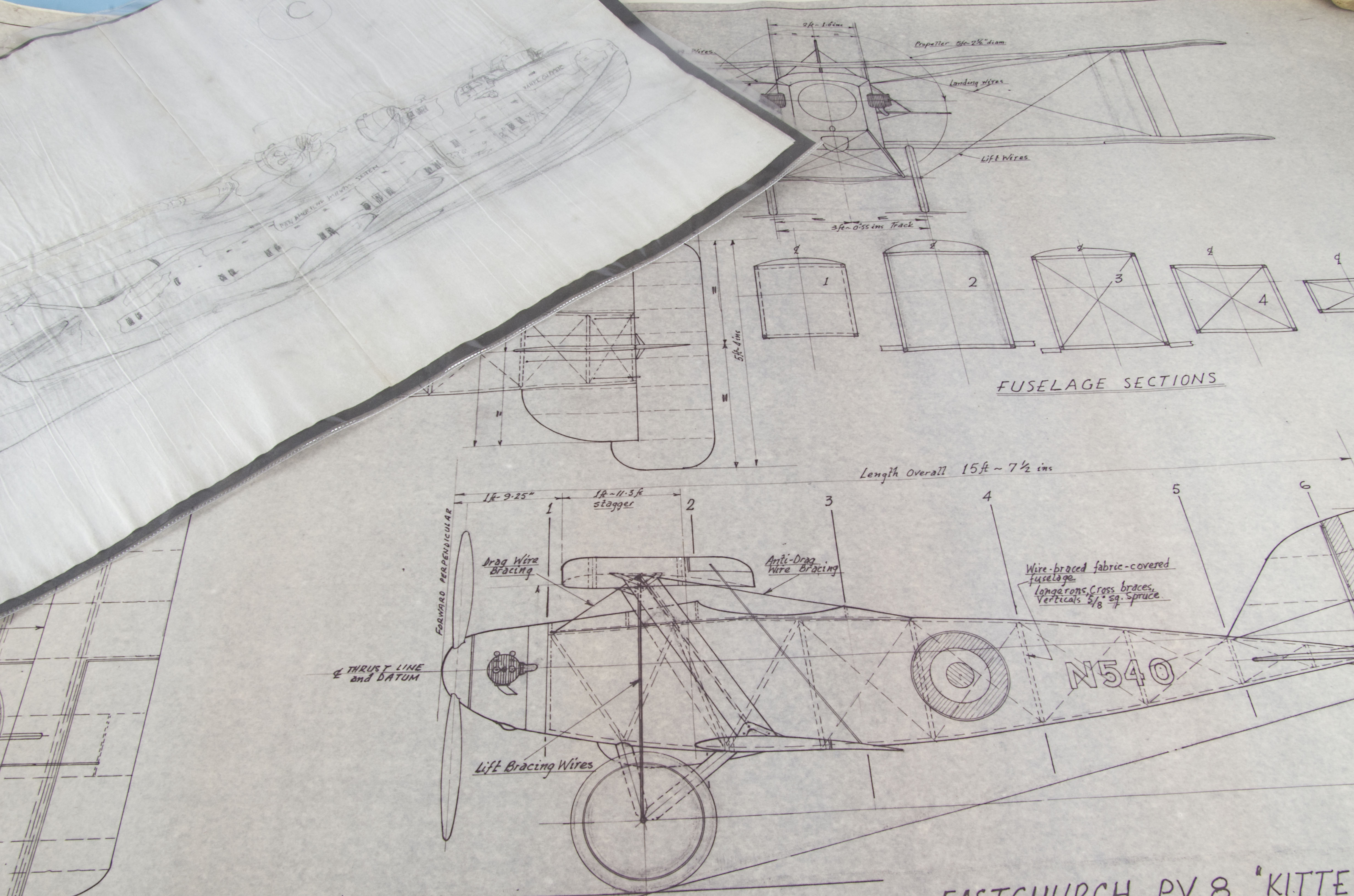 A group of four scale drawing prints for model aircraft, Including a Hawker Hurricane, an Islander