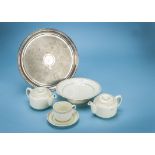 A vintage silver plated P&O salver by Mappin & Webb, together with two pottery P&O teapots a cup &