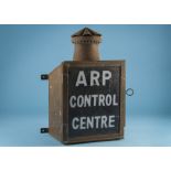 A WWII period ARP Control Centre lamp, glass panel to door with insert paraffin burner, 50cm