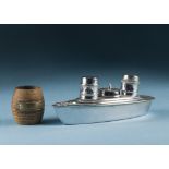 A 1950s silver plated novelty boat cruet set, having London crest to front, together with a small