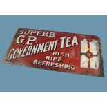 A vintage enamel Government Tea advertising sign, stating "Superb G.P. Government Tea Rich Ripe