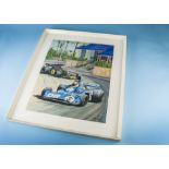 An Alan Preece acrylic on board, Jackie Stewart in his F1 Elf-Tyrrell, #5 being chased by a JPS-