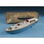 A 1930s Sutcliffe Model Bluebird Clockwork Speed Boat, light blue hull and white deck, with box,