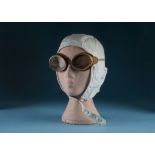 Windcap & Goggles for Lady Motorist or Aviatrix c1930s, of soft white cotton with matching lining to