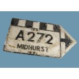 A vintage clapperboard style road sign, arrow shaped stating "A272 Midhurst", 43cm by 81cm