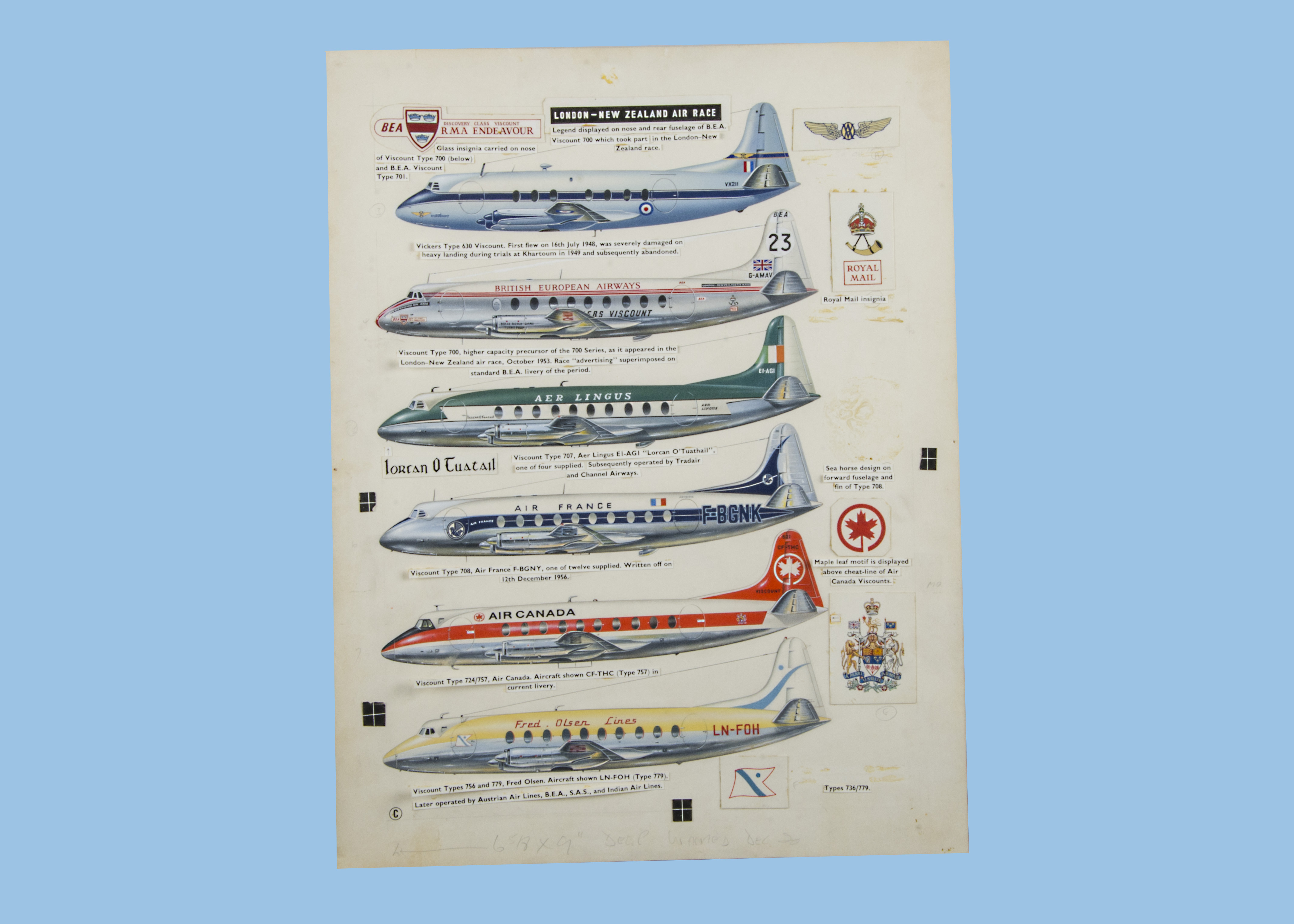 Two 1960s or 1970s aviation artwork boards by Keith Broomfield, each card panel having six gouache