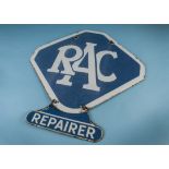 A vintage enamel RAC advertising octagonal sign, with applied "Repairer" sign to lower section, 62cm