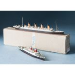 Nine diecast waterline models of ships and boats, from various makers, each in card box from