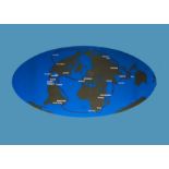 A 1970s Perspex QE2 Cruise Liner world map, the eliptical blue sign with world destinations for