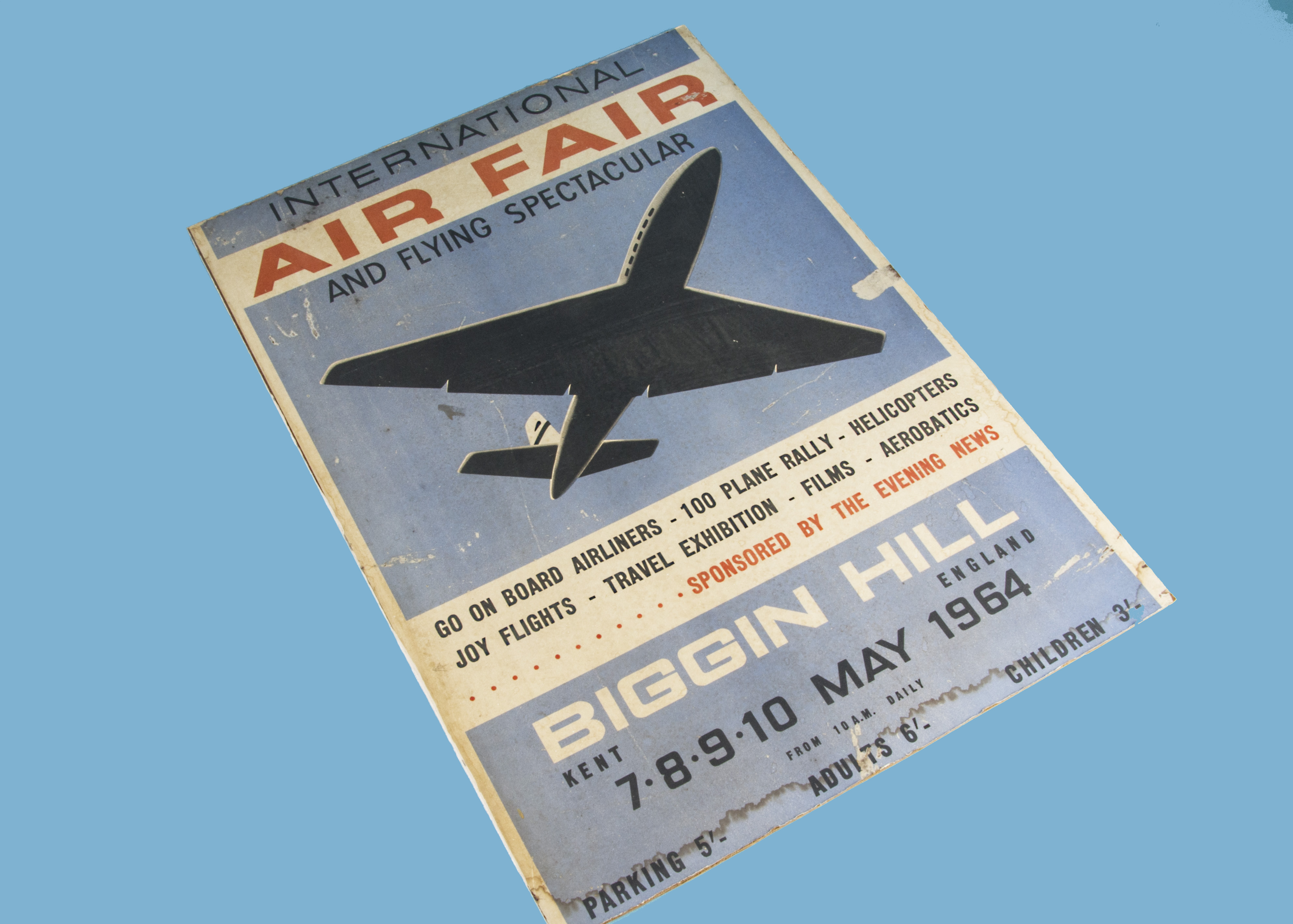 A 1960s Biggin Hill International Air Fair advertising poster, 72cm by 51cm, applied to a board,