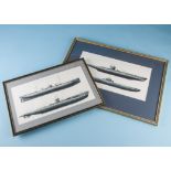 A pair of good pen and gouache submarine paintings, each framed and glazed studies having two
