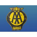 A vintage enamel AA Garage advertising sign, double sided in the form of an AA badge, 64cm by 55cm