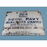 A vintage enamel Royal Navy recruitment advertising sign, stating "Royal Navy Men & Boys Wanted…",