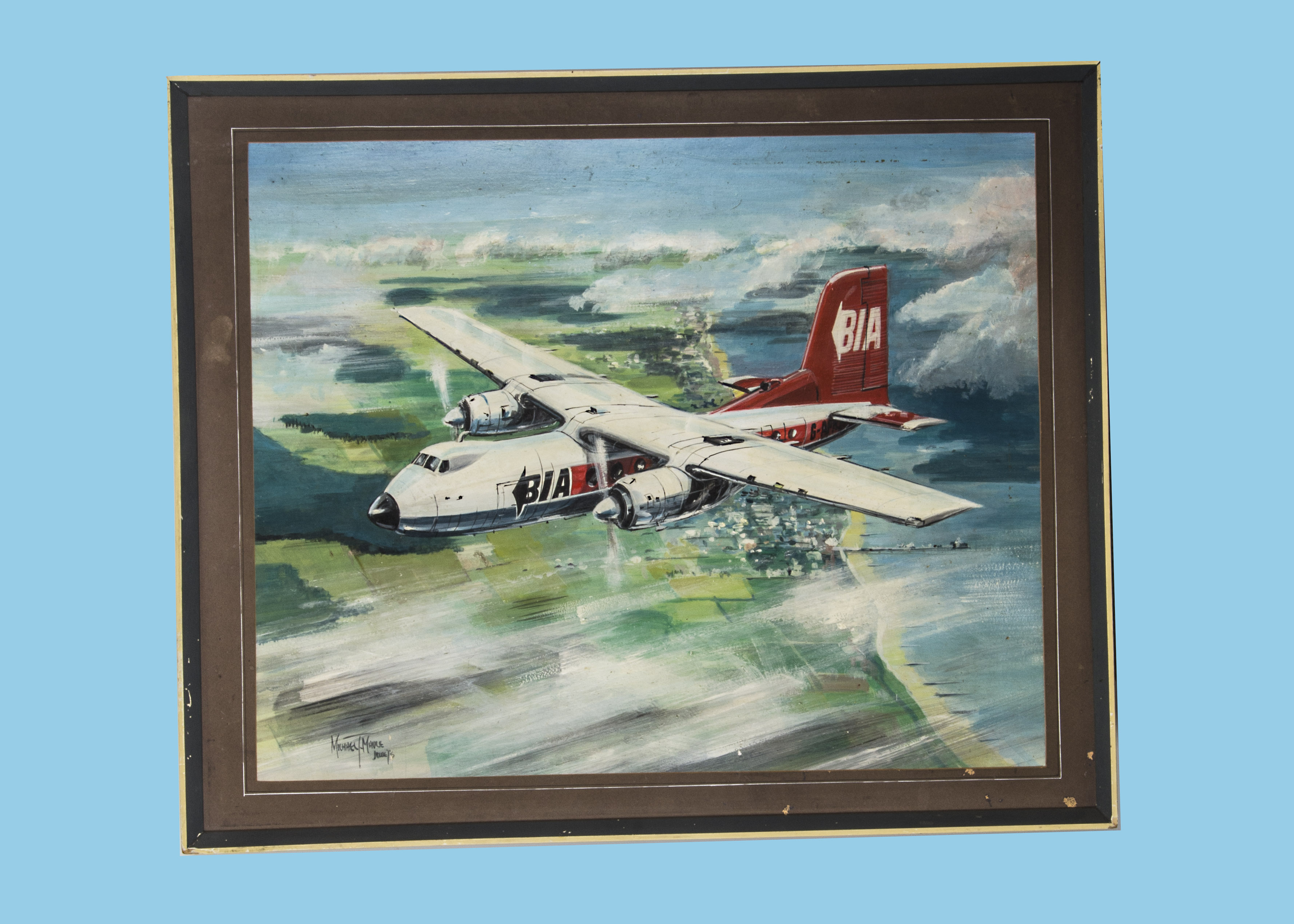 A 1970s oil on board aviation painting, depicting a twin propellor Herald in British Island