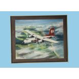A 1970s oil on board aviation painting, depicting a twin propellor Herald in British Island
