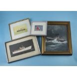 Four Boating and Nautical related paintings, including a waterline gouache of M.Y. Bulldogue by Mike