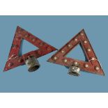 Two vintage post head warning triangle signs with cateyes, one double sided, the other red one