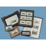 A framed set of six Stevengraph shipping postcards, together with two single Stevengraphs in frames,